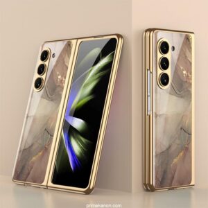Samsung Galaxy Z Fold 5 Stylish Marble Gold Electroplated Frame with Patterned Glass, Built-in Screen Protector