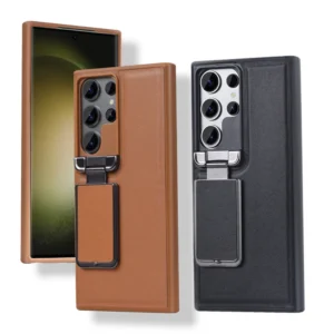Leather Case with Back Stand for Samsung Galaxy S23 Ultra / S24 Ultra, Business Cover with Camera Lens Cover, Kickstand Case