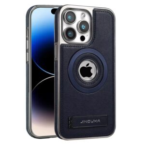 JDK Logo Cutout Luxury Plating Bumper Leather Folding Kickstand Phone Case For iPhone 16 15 14 Pro Max Series